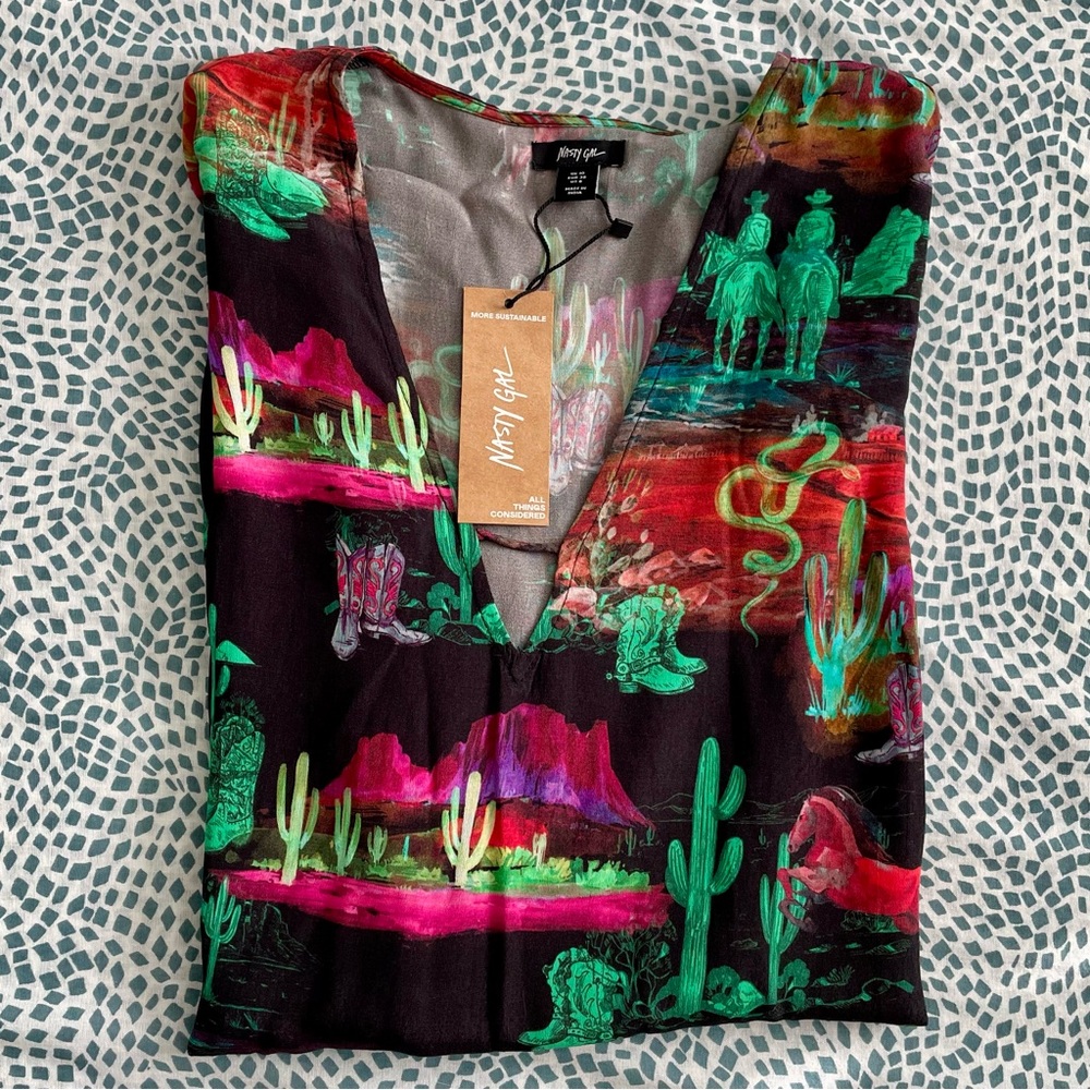 Nasty Gal Black Desert Print V-Neck Rodeo Plunge Minidress Sz 6 New With Tags - Picture 14 of 15